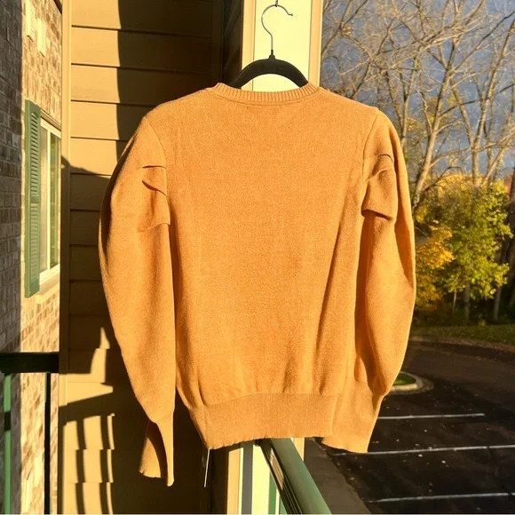 🆕 AZI New York Mustard Gold Chain-Neck Puff Sleeve 100% Cotton Sweater Size S - Picture 4 of 16